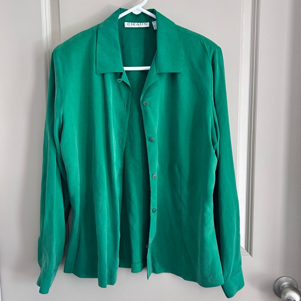 Vintage Emerald/Jade green 100% silk button down (women size 10) Josephine Chaus